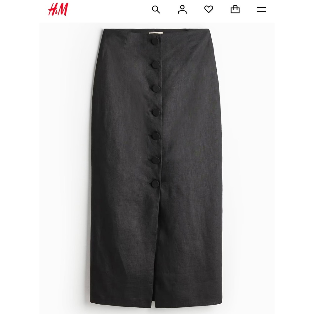 H&M Premium Selection Black 100% Linen Button Front Pencil‎ Midi Skirt NWT Sz 2